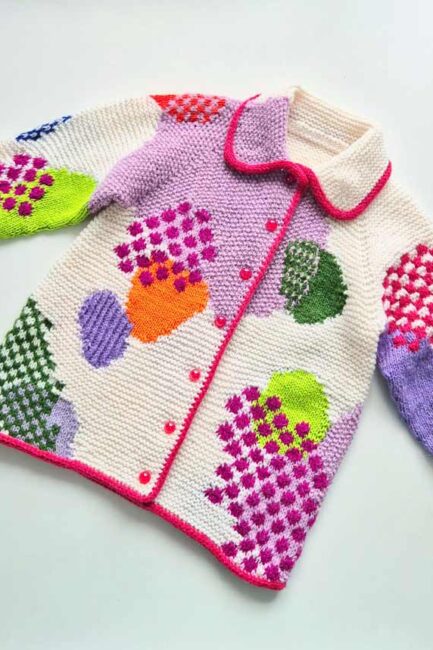 Rainbow Puddles Cardigan by Larissa Kondina<br> <small>A playful, scrap-friendly cardigan designed to spark your creativity.</small>